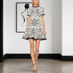 Alexis Emiliana Fit & Flare Mini Dress Black and White Diamond Lace size Medium